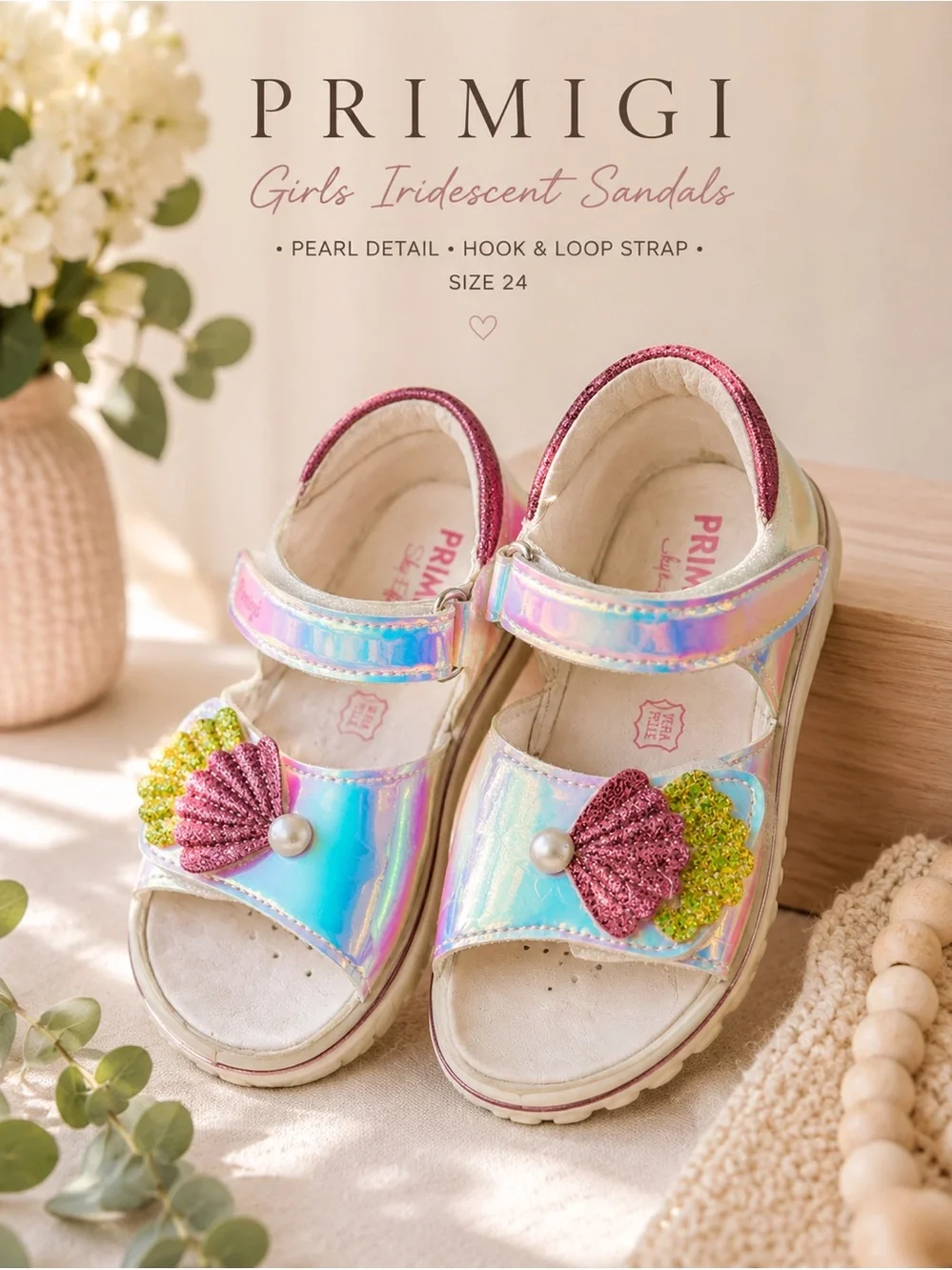 Primigi Girls Iridescent Rainbow Glitter Sandals Pearl Shell Detail EU 24 size 8